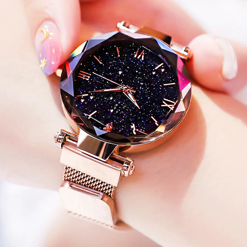 Women's Starry Sky Diamond Quartz Watch - Fashion Dress Watch with Magnetic Buckle Mesh Strap