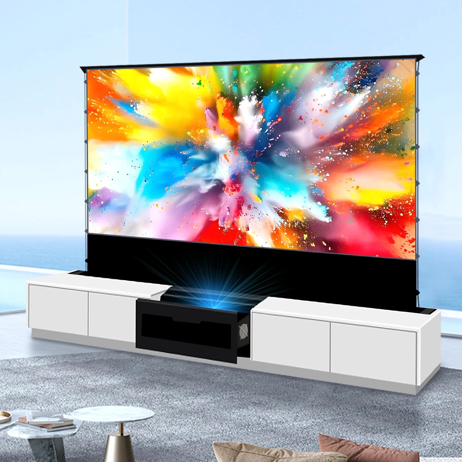 120'' Black Smart Laser TV Cabinet +UST ALR Projector Screen Motorized Floor Rising Screen for Ultra Short Throw Laser Projector