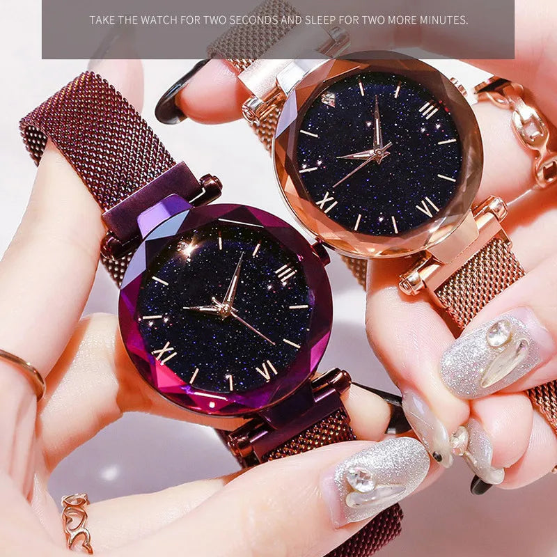 Women's Starry Sky Diamond Quartz Watch - Fashion Dress Watch with Magnetic Buckle Mesh Strap