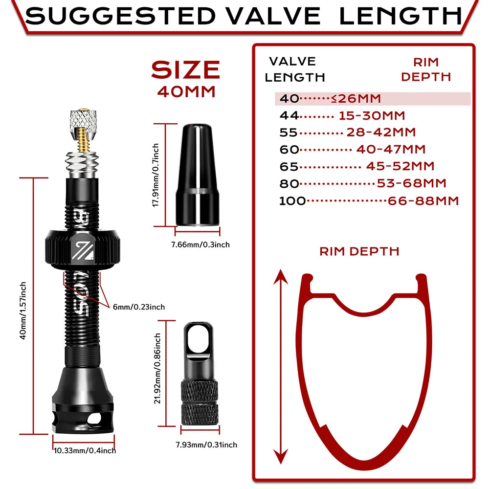 BUCKLOS Aluminum Alloy Tubeless Presta Valves – Removable Core Air Valves for Road & MTB Bikes (40-100mm Sizes)