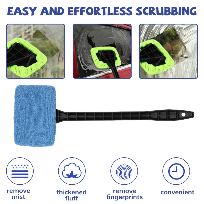 Window Cleaner Brush Kit with Long Handle - Microfiber Windshield Cleaning Tool for Car Interior Detailing and Home Use