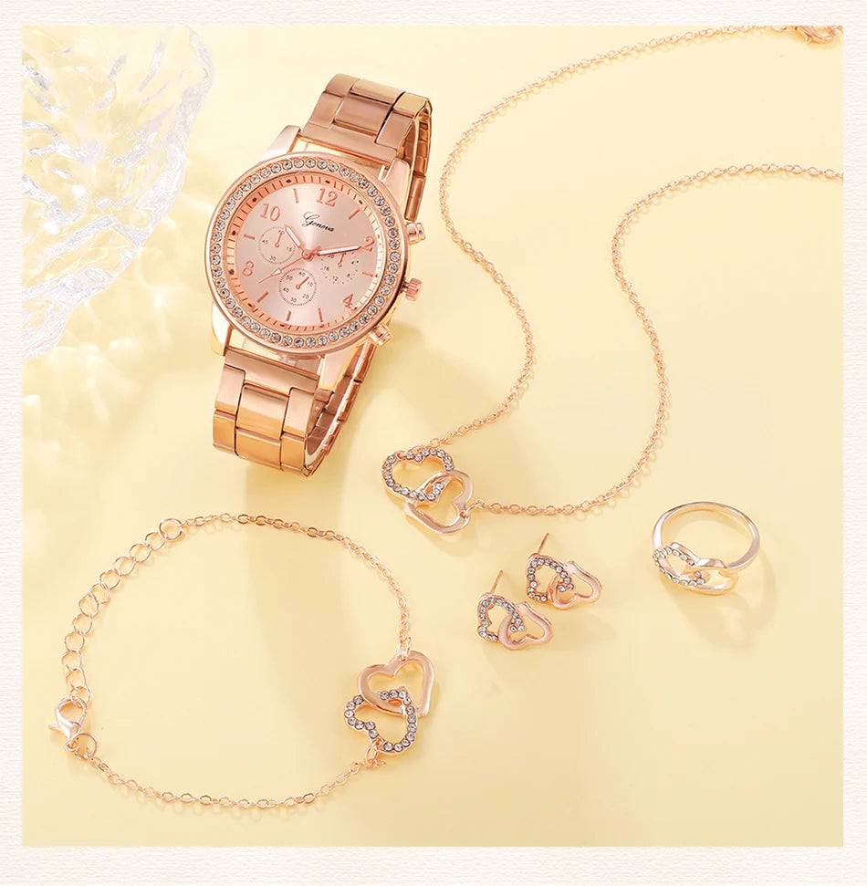 CADVAN HQ8207 Rose Gold Luxury Women's Watch Set - 6PCS Fashion Jewelry Set with Watch, Rings, Necklace, Earrings, and Bracelet