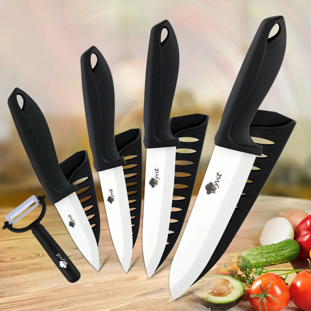 MYVIT Ceramic Knife Set – 3, 4, 5, 6-Inch Chef, Utility, Slicer, and Paring Knives with Peeler (Zirconia Blade)