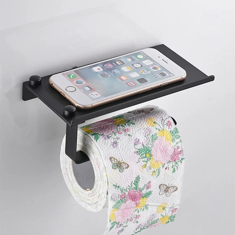 Aluminum Alloy Wall-Mounted Toilet Paper Holder with Shelf – Multi-Function Bathroom Paper & Phone Holder Towel Roll Rack