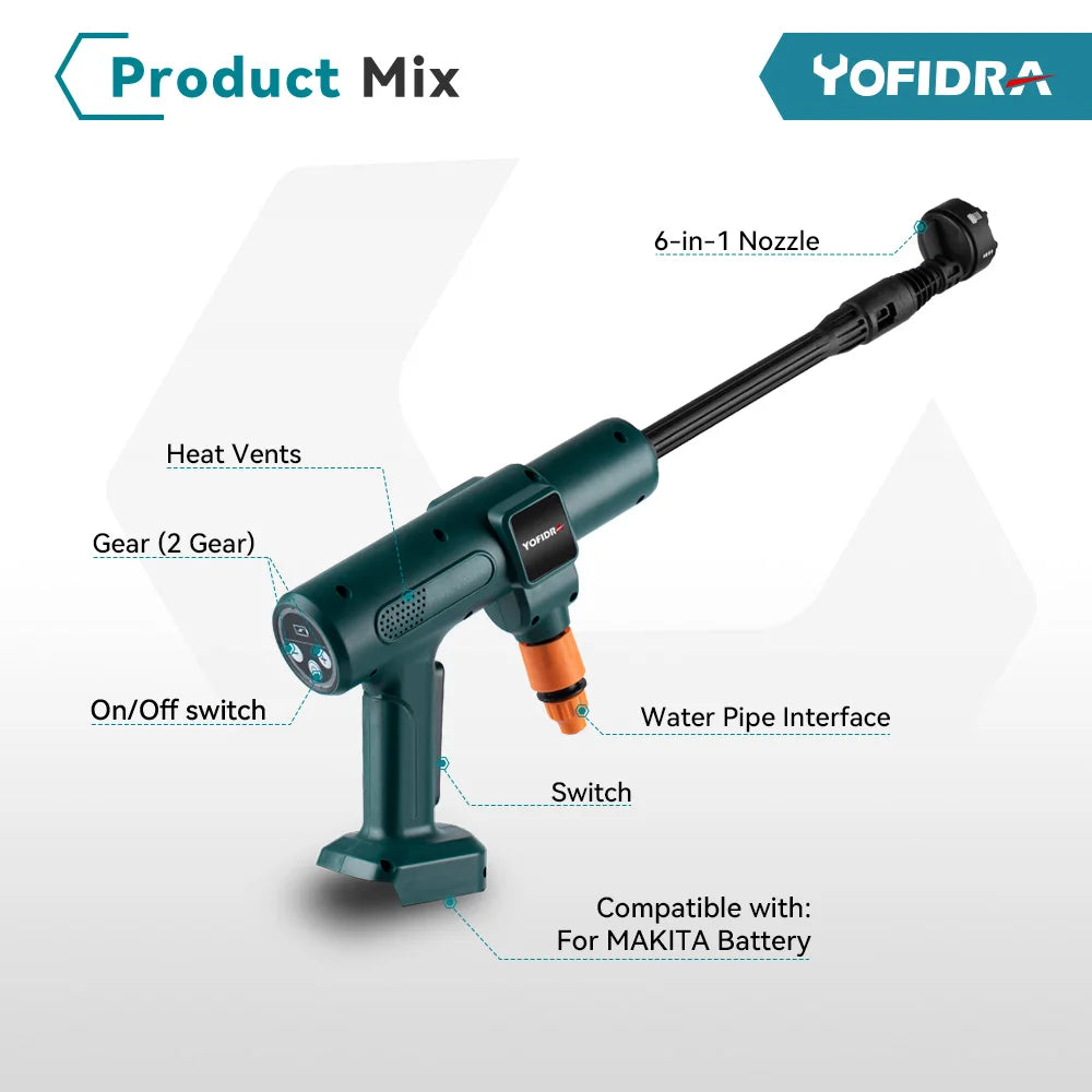 Yofidra 6-in-1 200Bar Cordless Brushless High-Pressure Washer, Rechargeable Foam Generator, Compatible with Makita 18V Battery for Home & Garden Use