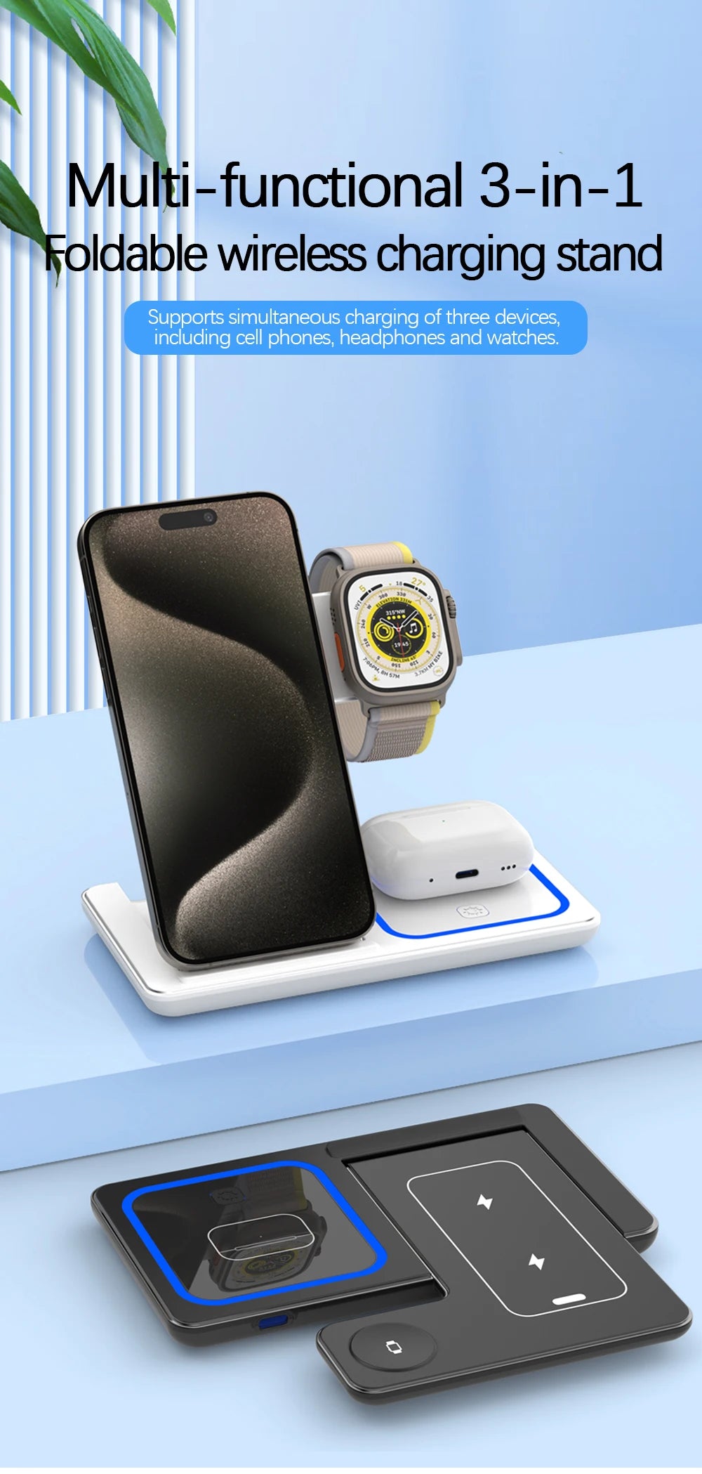 VIKEFON 30W 3-in-1 Fast Wireless Charging Station – Foldable Stand for iPhone 15/14/13/12/11, Apple Watch 9/8/7/6/5, and AirPods Pro