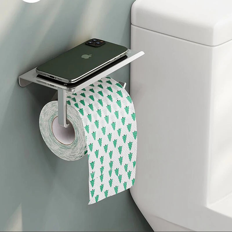 Aluminum Alloy Wall-Mounted Toilet Paper Holder with Shelf – Multi-Function Bathroom Paper & Phone Holder Towel Roll Rack