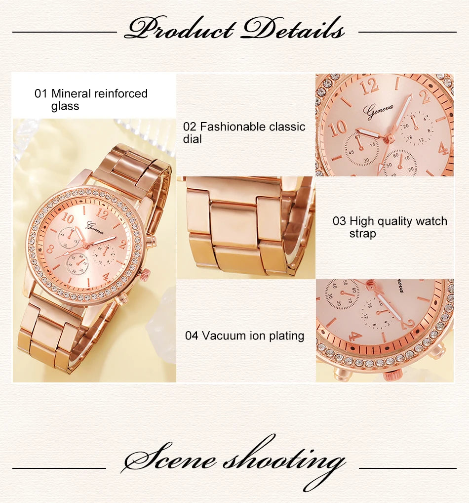 CADVAN HQ8207 Rose Gold Luxury Women's Watch Set - 6PCS Fashion Jewelry Set with Watch, Rings, Necklace, Earrings, and Bracelet