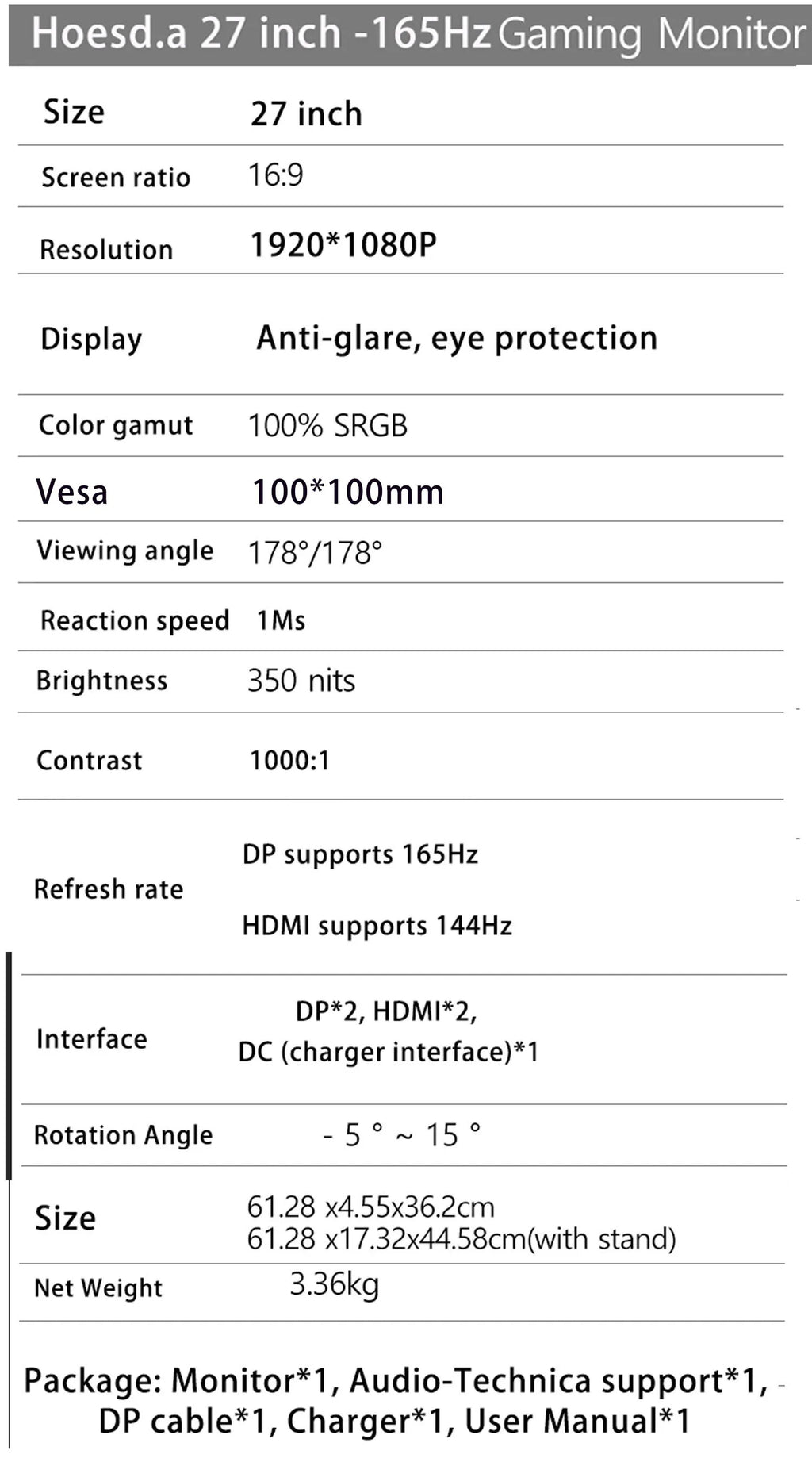 27inch 165Hz Gaming Monitor IPS 350cm/d2 Gaming Display DP HDMI FHD Desktop Ultra-thin Computer Screen Monitor