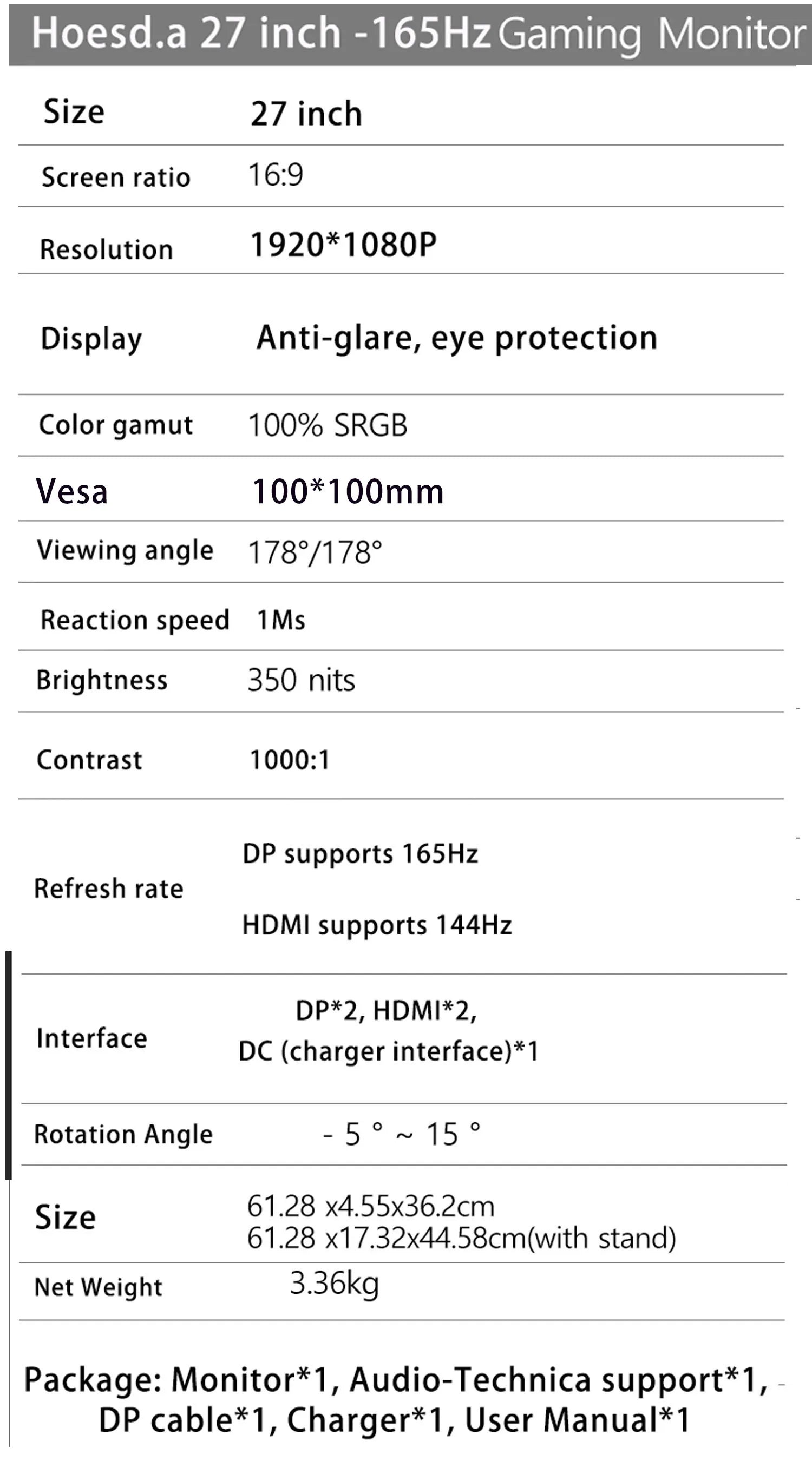 27inch 165Hz Gaming Monitor IPS 350cm/d2 Gaming Display DP HDMI FHD Desktop Ultra-thin Computer Screen Monitor