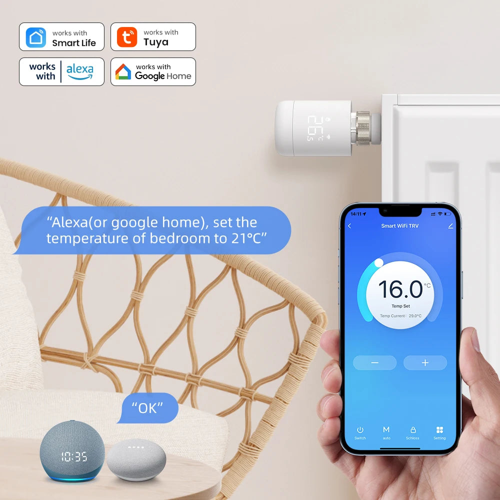 AVATTO Tuya 1-6PCS Wifi TRV Radiator Actuator Valve Thermostatic Radiator Valve Temperature Controller Support Alexa Google Home