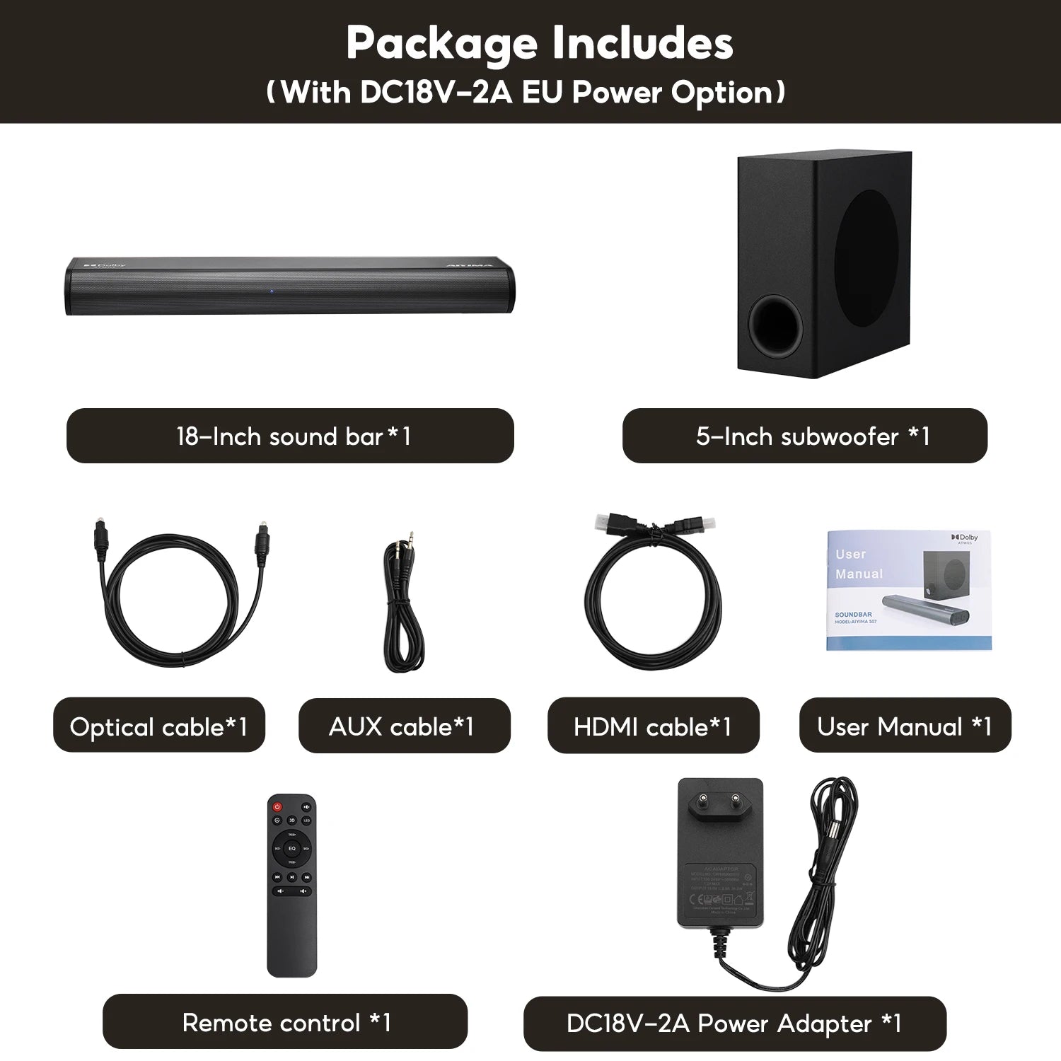 AIYIMA S07 Dolby 2.1 Sound Bar 150W Soundbars With Wireless Subwoofer for TV 3D System Speaker Bluetooth HDMI/Aux/Opt/USB