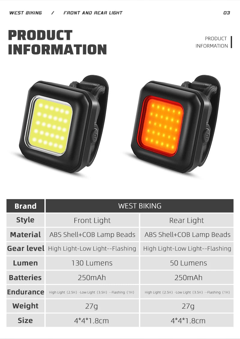 WEST BIKING LED Bike Light Set - Type-C Rechargeable Front Headlight & Rear Taillight for Cycling Safety