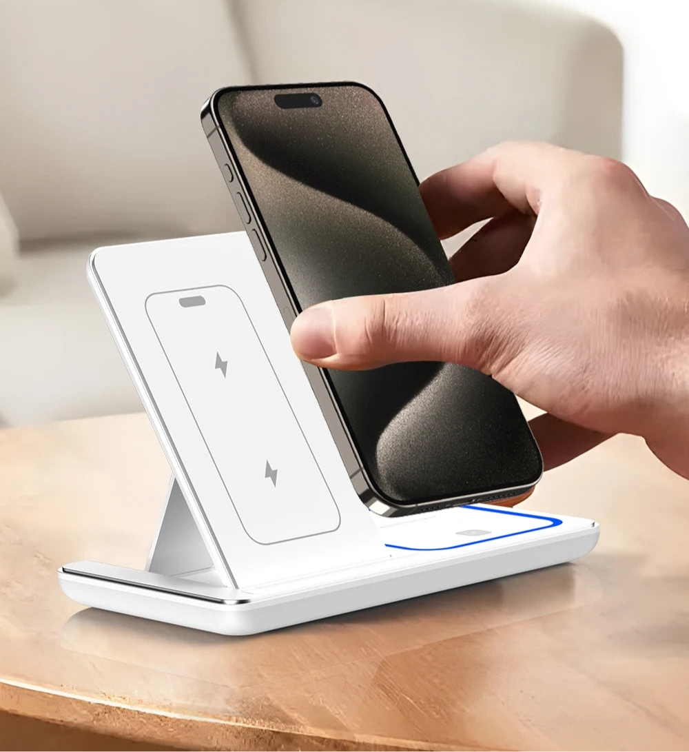 VIKEFON 30W 3-in-1 Fast Wireless Charging Station – Foldable Stand for iPhone 15/14/13/12/11, Apple Watch 9/8/7/6/5, and AirPods Pro