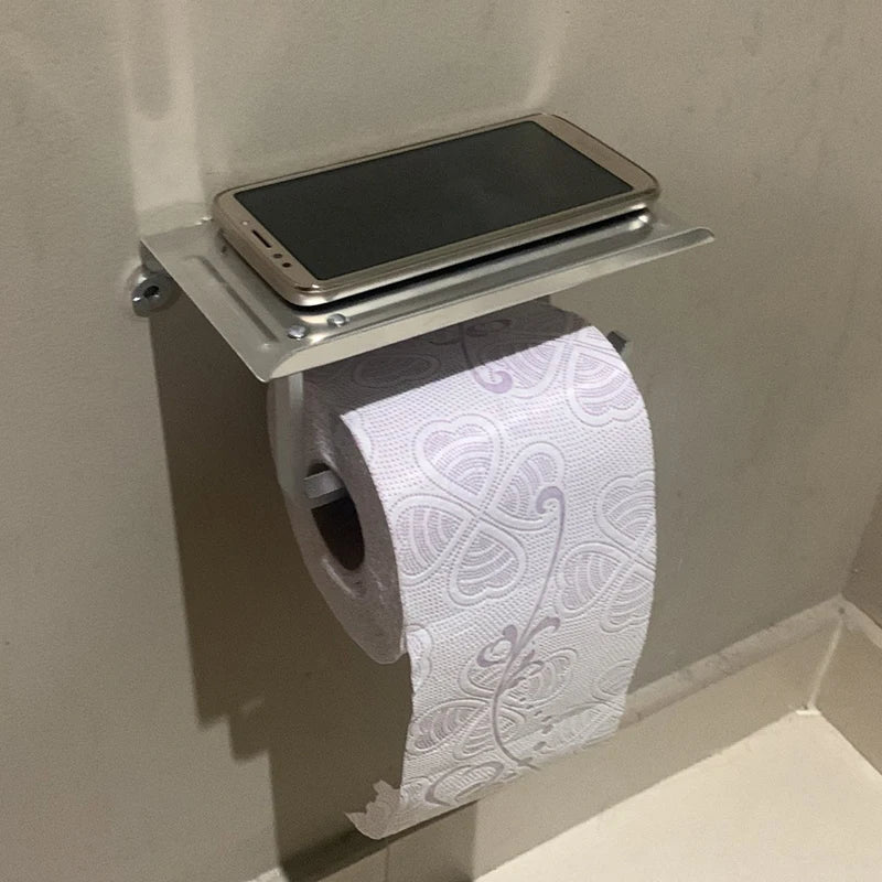 Aluminum Alloy Wall-Mounted Toilet Paper Holder with Shelf – Multi-Function Bathroom Paper & Phone Holder Towel Roll Rack