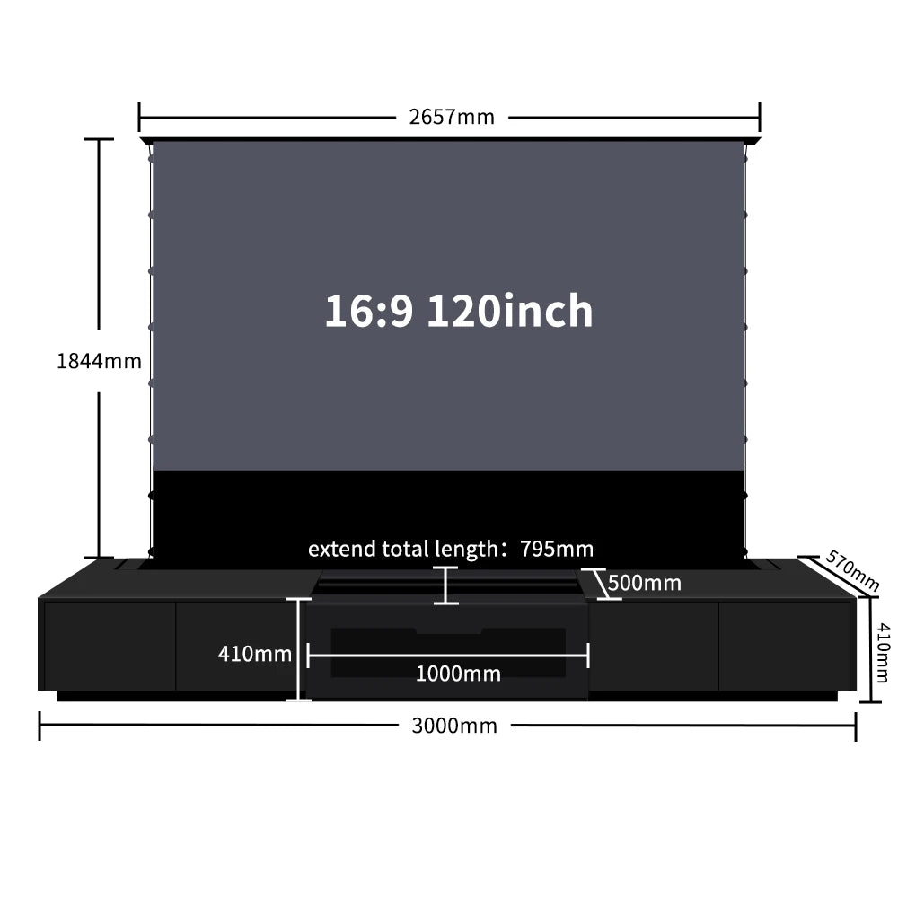 120'' Black Smart Laser TV Cabinet +UST ALR Projector Screen Motorized Floor Rising Screen for Ultra Short Throw Laser Projector