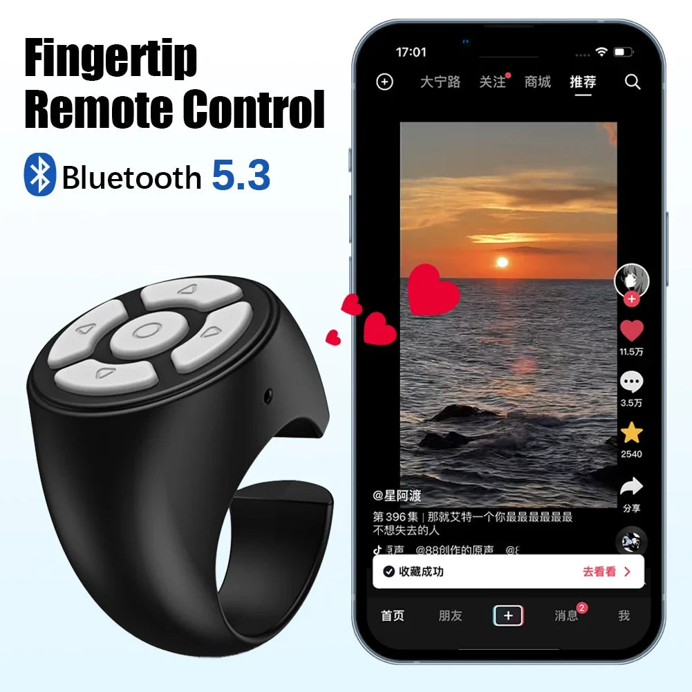 Scrolling Ring Wireless Finger Controller – Bluetooth-compatible ring for page turning, camera shutter, and media control; perfect for home, travel, or car use.