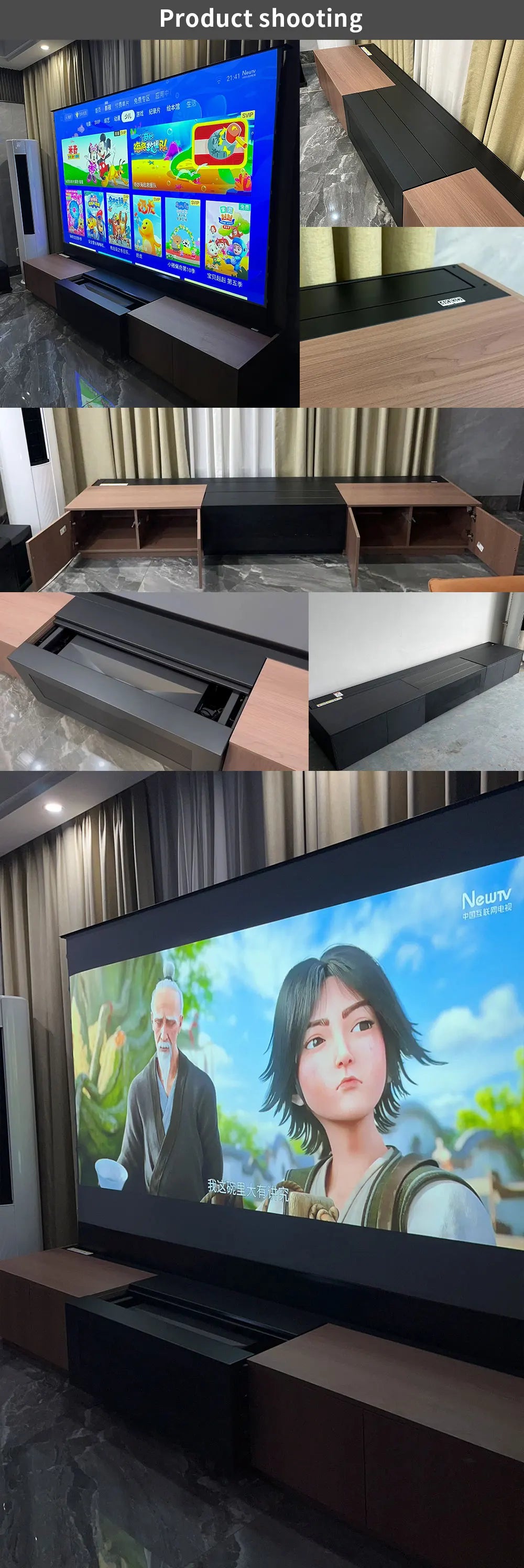 120'' Black Smart Laser TV Cabinet +UST ALR Projector Screen Motorized Floor Rising Screen for Ultra Short Throw Laser Projector