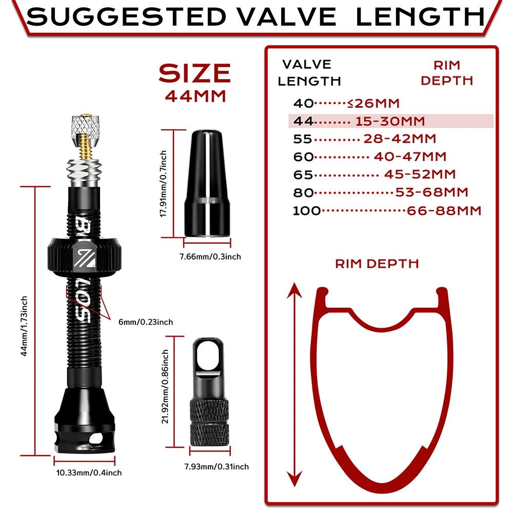 BUCKLOS Aluminum Alloy Tubeless Presta Valves – Removable Core Air Valves for Road & MTB Bikes (40-100mm Sizes)