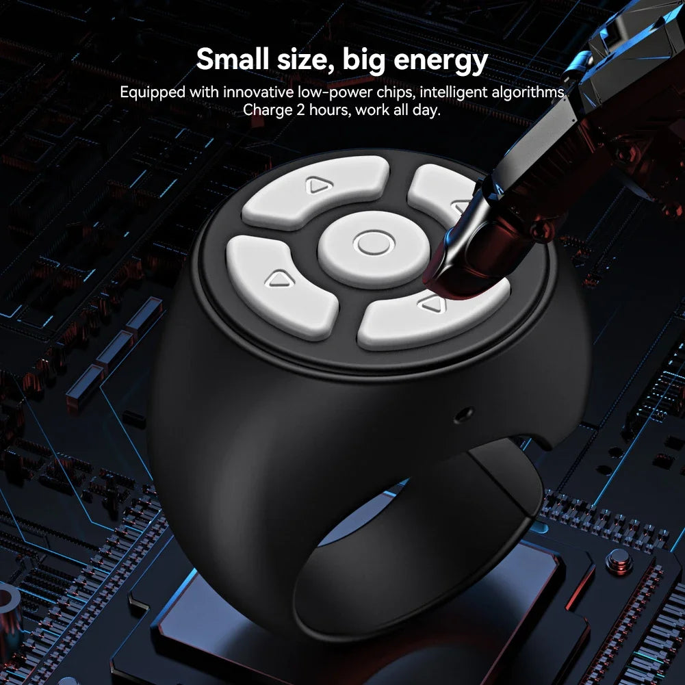 Scrolling Ring Wireless Finger Controller – Bluetooth-compatible ring for page turning, camera shutter, and media control; perfect for home, travel, or car use.