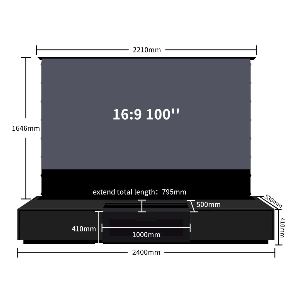 120'' Black Smart Laser TV Cabinet +UST ALR Projector Screen Motorized Floor Rising Screen for Ultra Short Throw Laser Projector