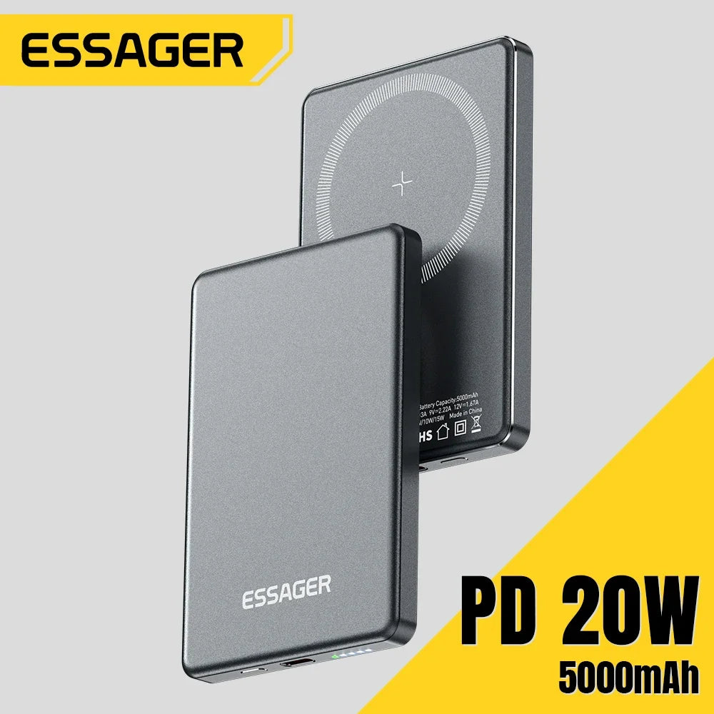 Essager Thin Wireless Magnetic Power Bank – 20W 5000mAh Portable Fast Charging External Battery for MagSafe, Compatible with iPhone 15, 14, 13, 12