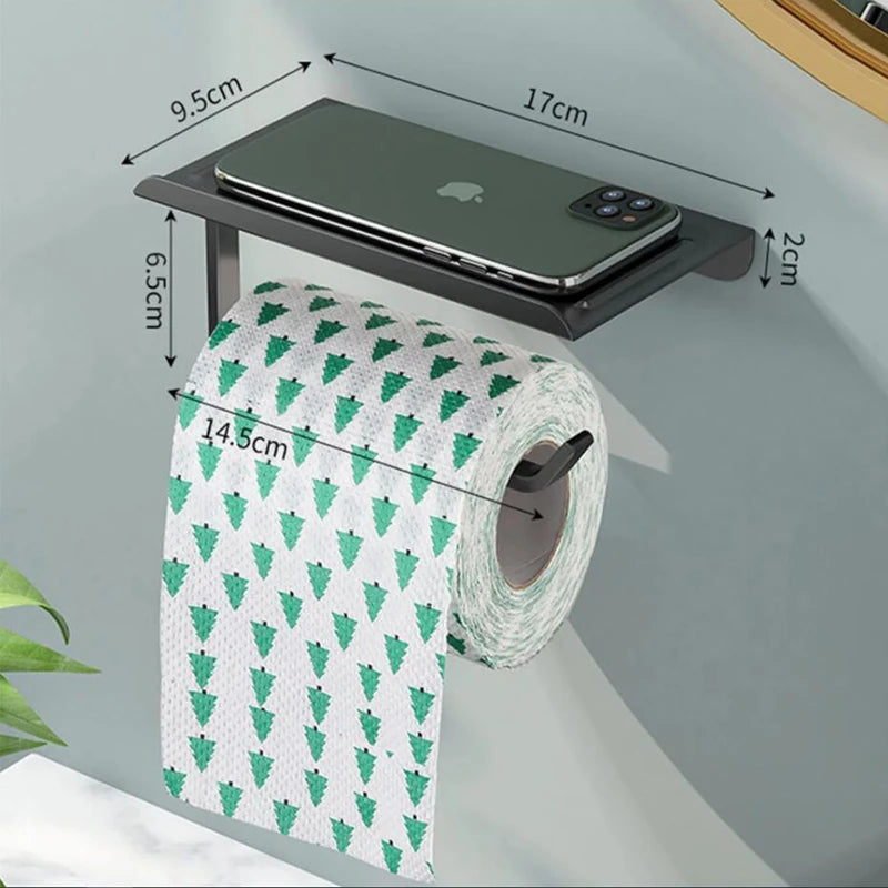 Aluminum Alloy Wall-Mounted Toilet Paper Holder with Shelf – Multi-Function Bathroom Paper & Phone Holder Towel Roll Rack