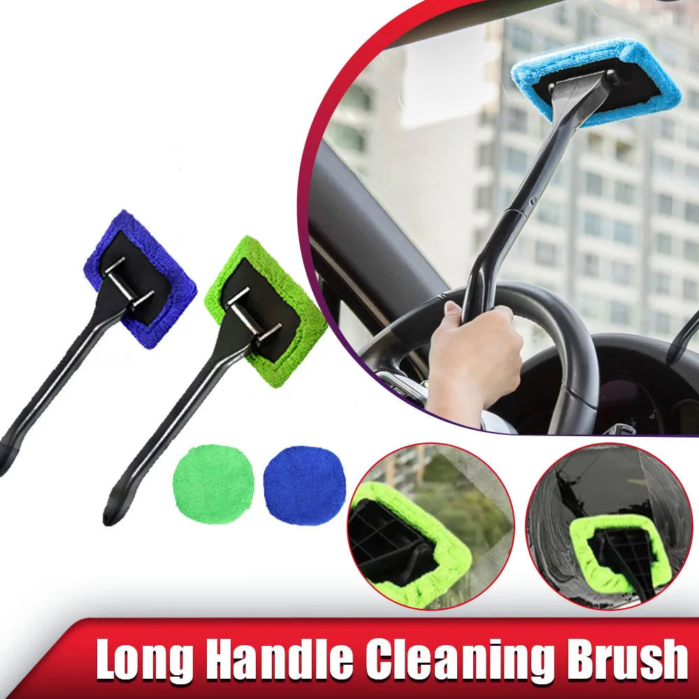 Window Cleaner Brush Kit with Long Handle - Microfiber Windshield Cleaning Tool for Car Interior Detailing and Home Use