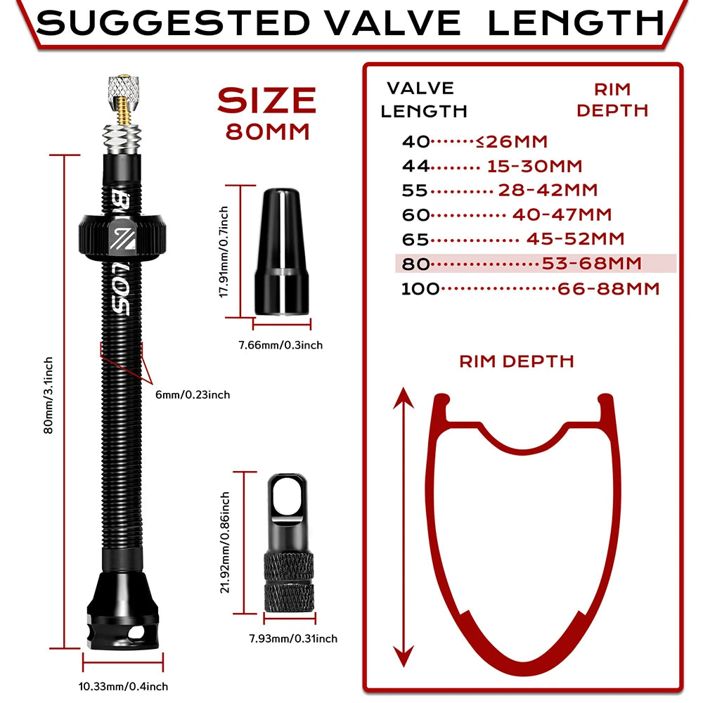 BUCKLOS Aluminum Alloy Tubeless Presta Valves – Removable Core Air Valves for Road & MTB Bikes (40-100mm Sizes)