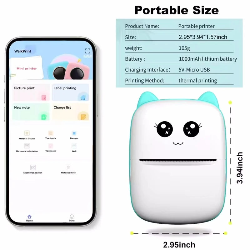 Mini Cat Portable Thermal Printer - Wireless Bluetooth Photo & Label Printer for Android and iOS (58mm)