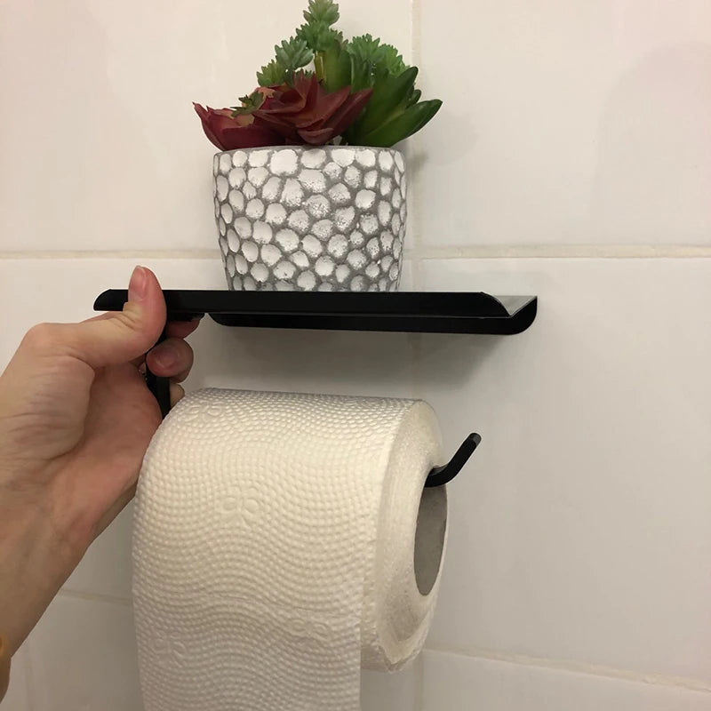 Aluminum Alloy Wall-Mounted Toilet Paper Holder with Shelf – Multi-Function Bathroom Paper & Phone Holder Towel Roll Rack