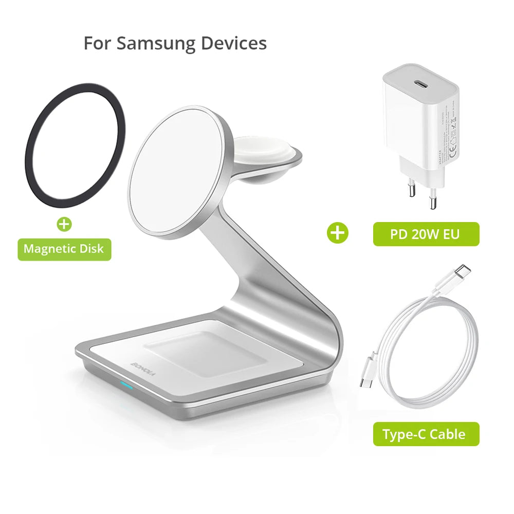 BONOLA 3-in-1 Magnetic Wireless Charging Station | 25W Fast Charger for Samsung S24 Ultra, S23, Galaxy Watch 7/6/5, Earbuds