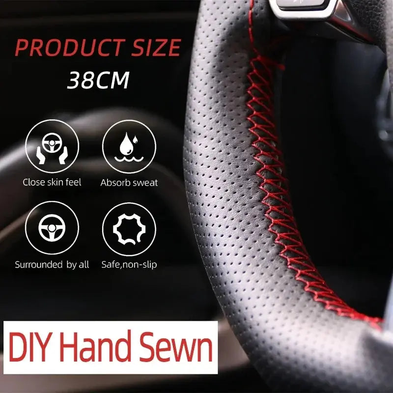 Universal Leather Car Steering Wheel Stitch On Wrap Cover Fit for 38cm 14" DIY Sewing Breathable and Anti Slip Black Grey Beige