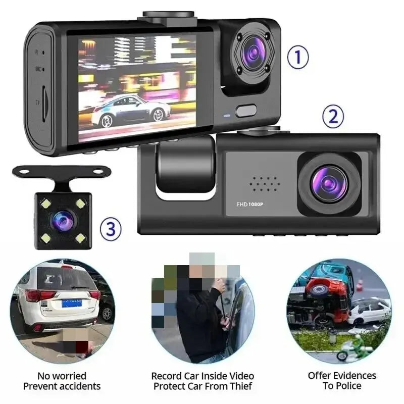 CZSKY 3-Channel 1080P HD Dash Cam with Triple Lens | Inside Vehicle DVR & Dashcam Recorder