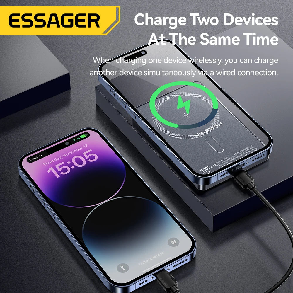 Essager Thin Wireless Magnetic Power Bank – 20W 5000mAh Portable Fast Charging External Battery for MagSafe, Compatible with iPhone 15, 14, 13, 12