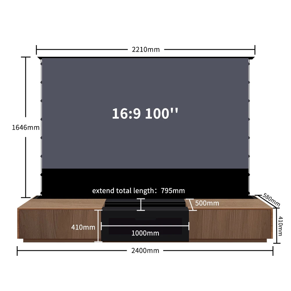120'' Black Smart Laser TV Cabinet +UST ALR Projector Screen Motorized Floor Rising Screen for Ultra Short Throw Laser Projector