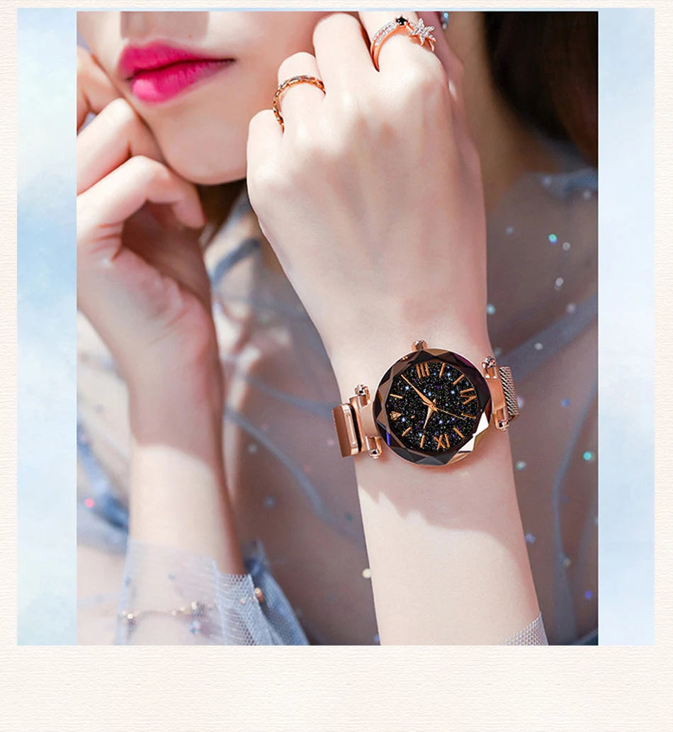 Women's Starry Sky Diamond Quartz Watch - Fashion Dress Watch with Magnetic Buckle Mesh Strap