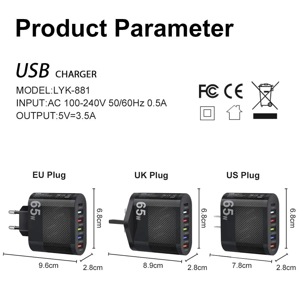 5-Port USB Wall Charger with PD & QC 3.0 – Fast Charging Hub for iPhone, Samsung, and More