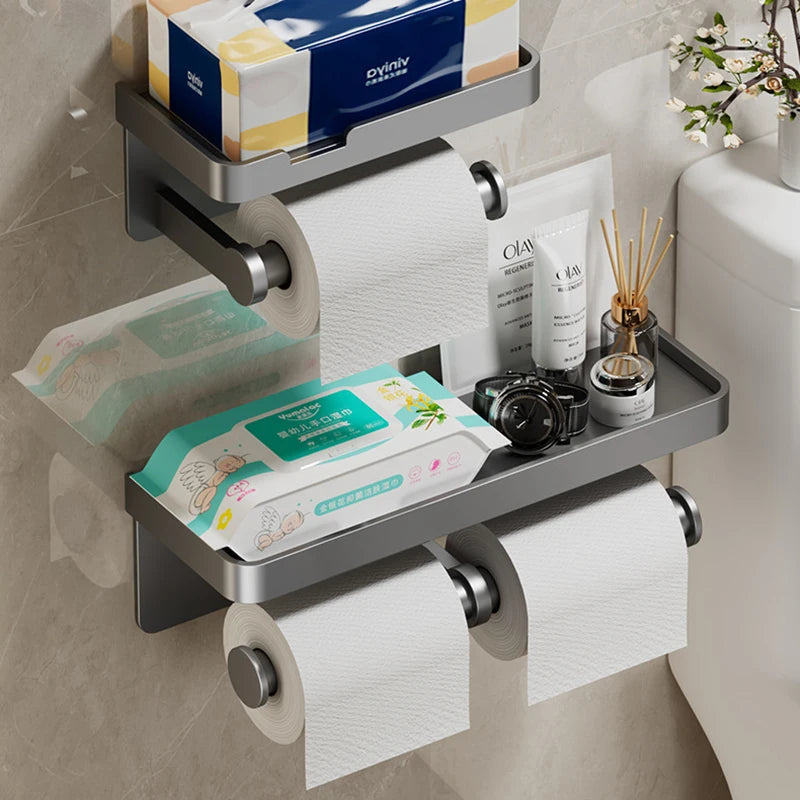 Aluminum Alloy Wall-Mounted Toilet Paper Holder with Shelf – Multi-Function Bathroom Paper & Phone Holder Towel Roll Rack