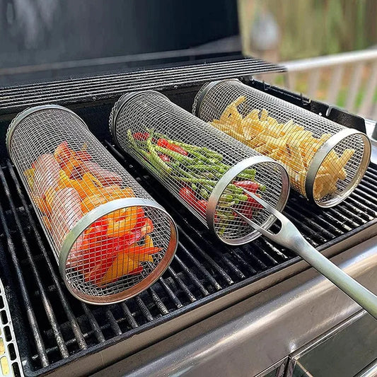 Stainless Steel Rolling BBQ Grilling Basket - Portable Cylindrical Wire Mesh Rack for Outdoor Camping and Barbecue