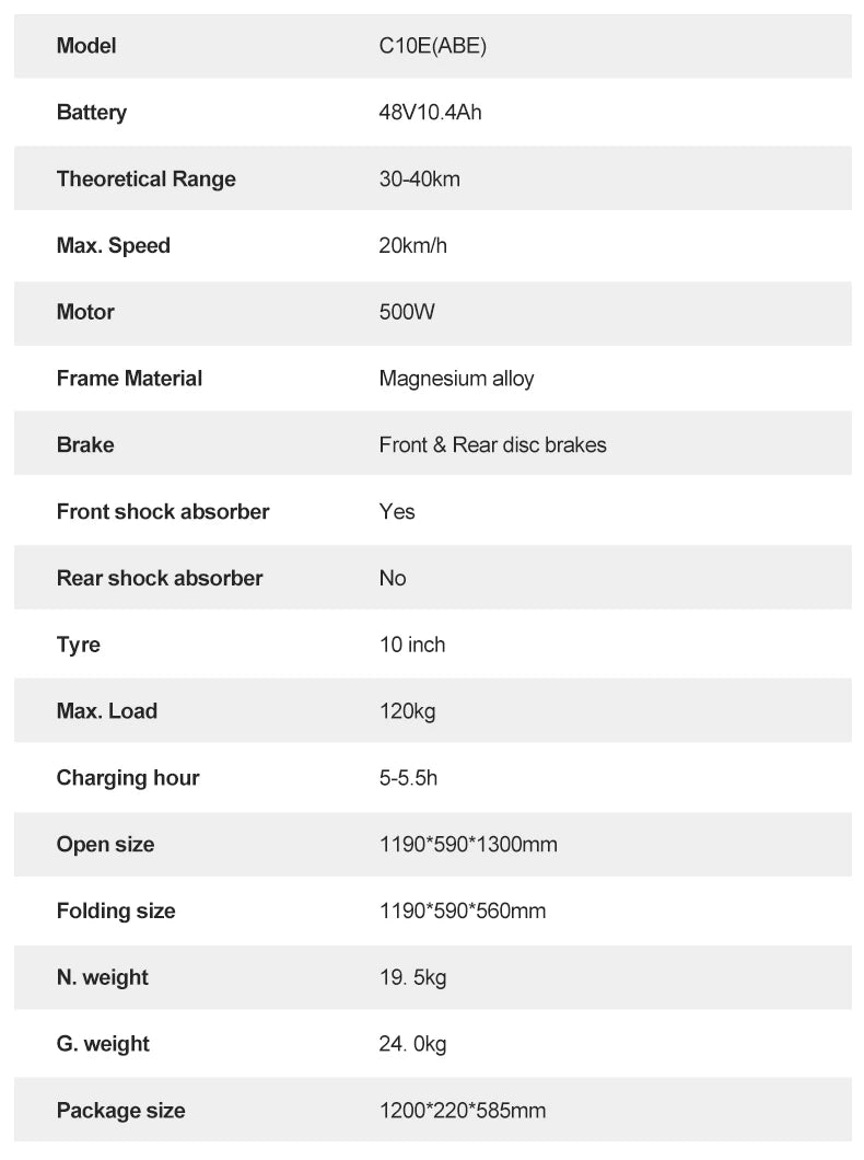 JOYOR C10 Electric Scooter - 500W Motor, 48V 10.4Ah Battery, 45km/h Max Speed, 30-50km Range, Foldable Design, 10'' Tires, 120kg Load Capacity