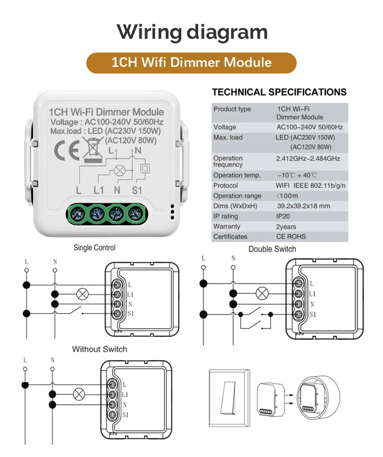 DIY  Wifi Smart Dimmer Switch Module Tuya/Smartlife APP Remote Control Two Way Compatible with Alexa Google Home Voice Control