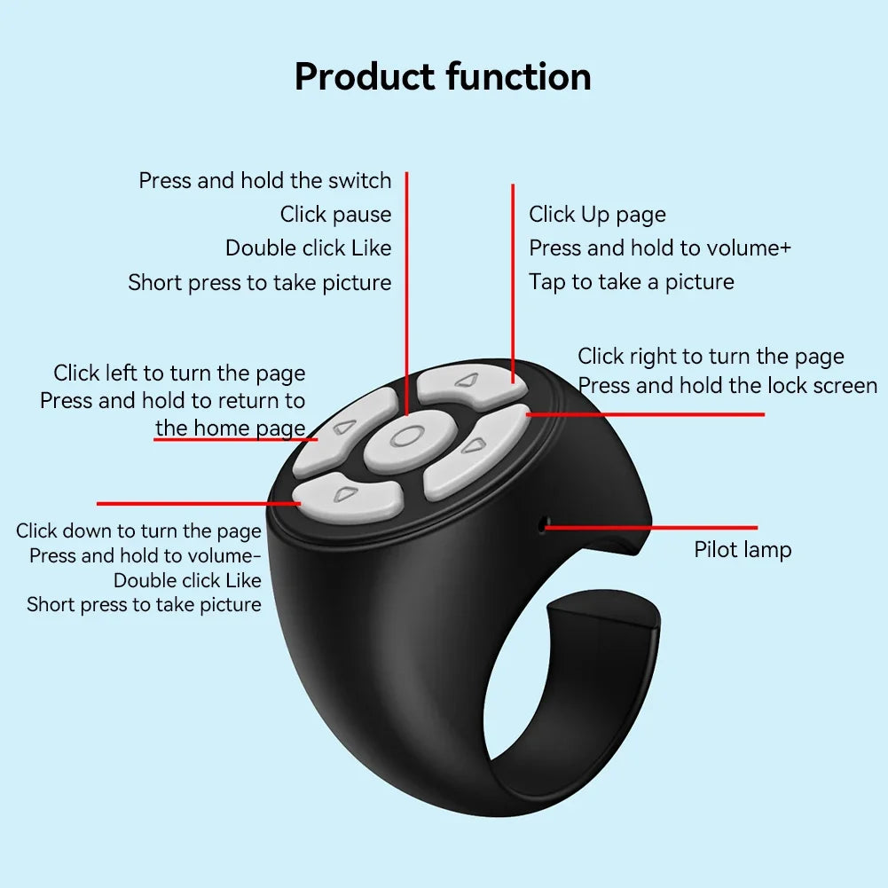 Scrolling Ring Wireless Finger Controller – Bluetooth-compatible ring for page turning, camera shutter, and media control; perfect for home, travel, or car use.