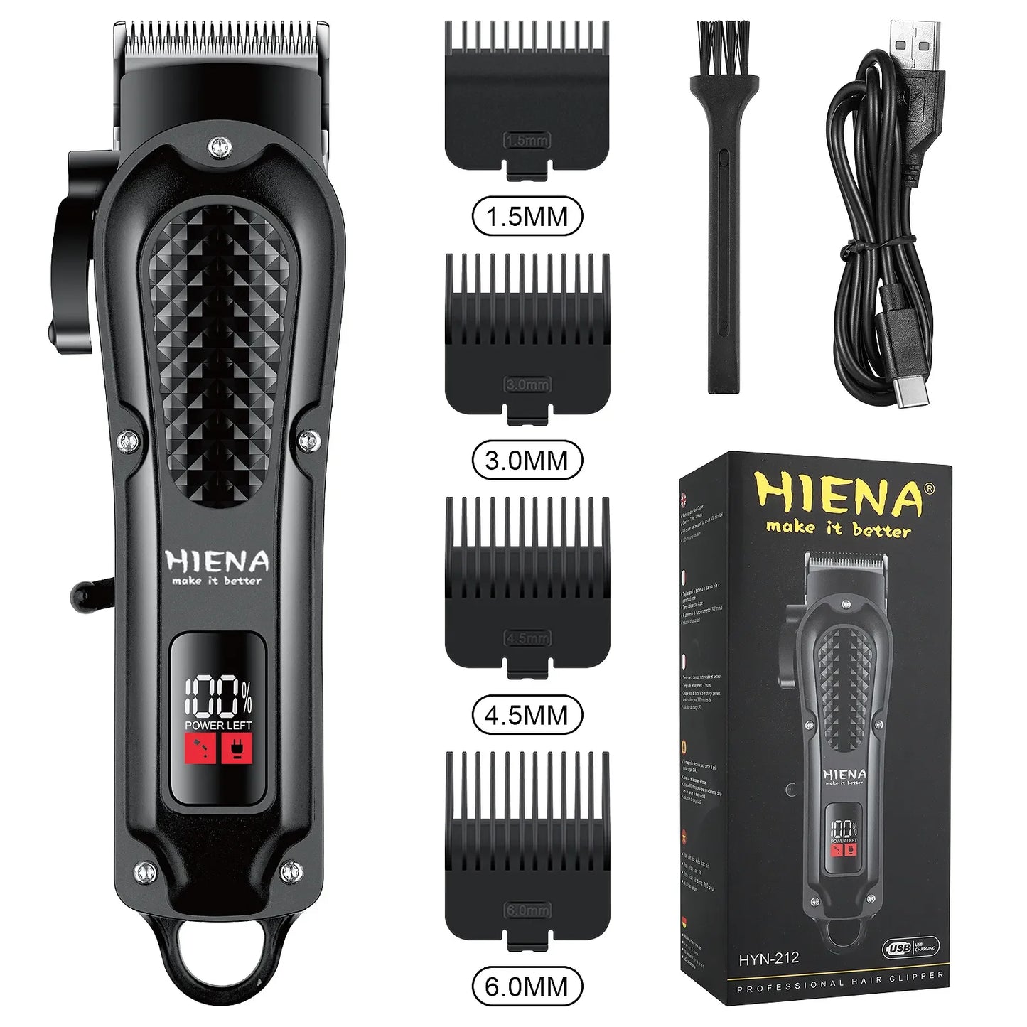 Hiena HYN-212 Cordless Electric Hair Clipper & Beard Trimmer, USB Rechargeable, Powerful Hair Cutting Tool for Men