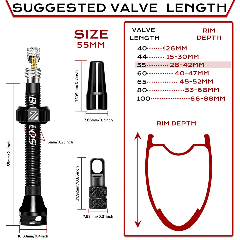 BUCKLOS Aluminum Alloy Tubeless Presta Valves – Removable Core Air Valves for Road & MTB Bikes (40-100mm Sizes)