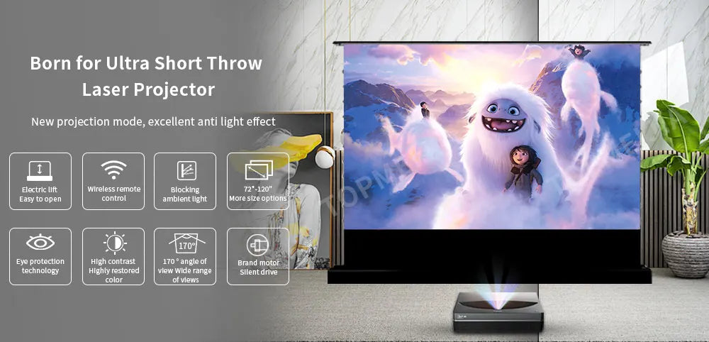 120 inch Laser TV ALR Projector Screen Motorized Floor Rising PET Crystal UST ALR Projection Screen For 4K Ultra Short Projector