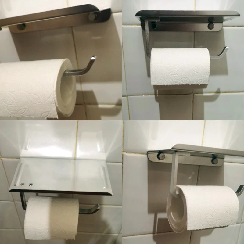 Aluminum Alloy Wall-Mounted Toilet Paper Holder with Shelf – Multi-Function Bathroom Paper & Phone Holder Towel Roll Rack