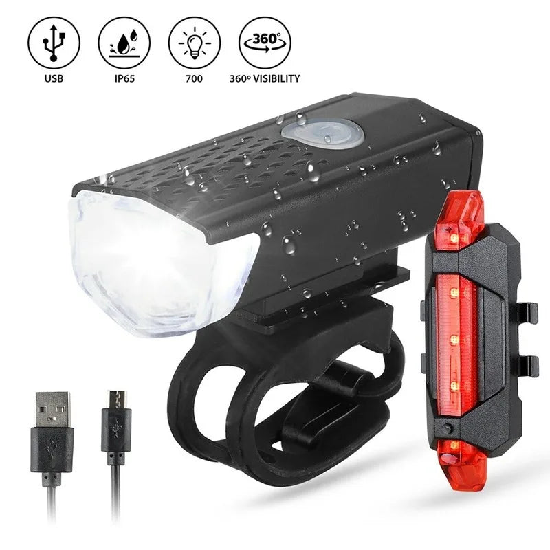 USB Rechargeable LED Bike Light Set - Front & Rear Headlight and Taillight for MTB & Road Cycling Safety