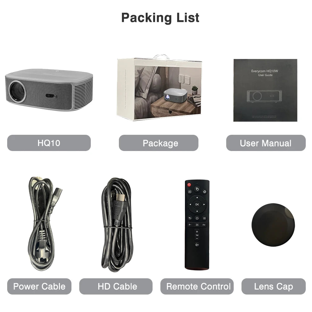 Everycom HQ10W 1080P Projector  Full HD 4K 26000 Lumen Projectors Video Smart TV for Home 2+64GB Movie Theater Beamer With Dolby