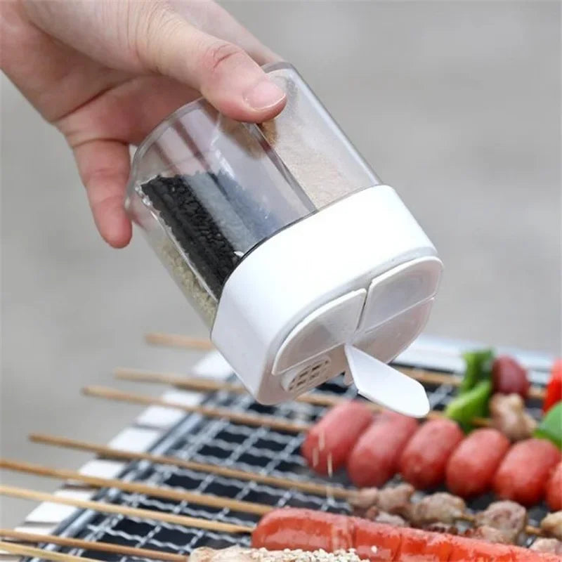 4-in-1 Camping Spice Dispenser – Transparent Seasoning Jar with Lid for Outdoor Cooking, BBQ, Salt, and Pepper Storage